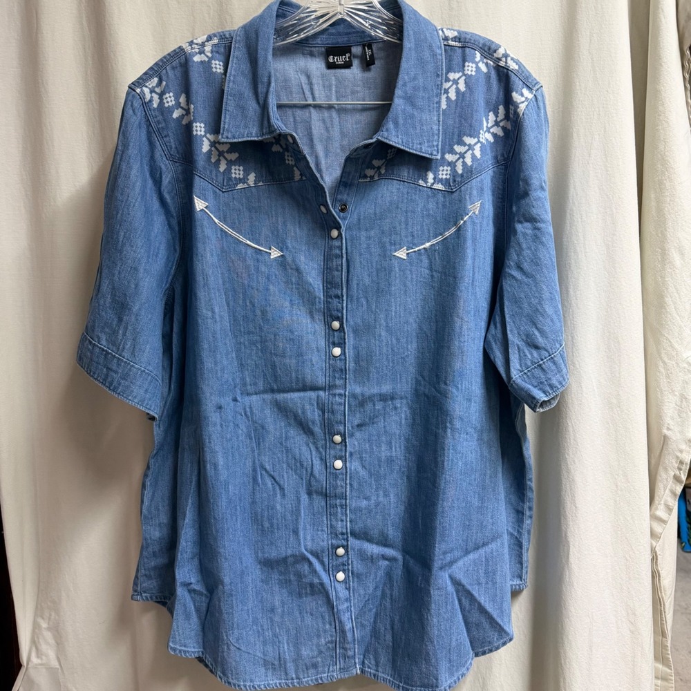 Cruel Denim Womens XXL Western Shirt Blue Short Sleeve Pearl Snap Embroidered